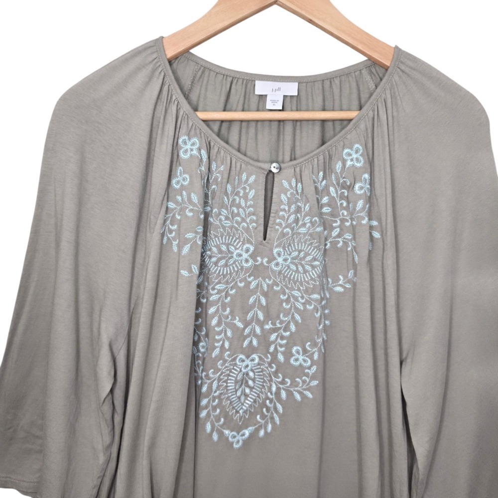 J Jill Top Womens XL Green Embroidered Keyhole Neck Peasant Blouse 3/4 Sleeve - Picture 4 of 7